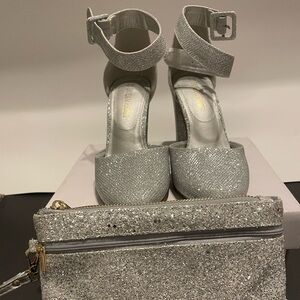 Silver bling chunky heels with matching wristlet